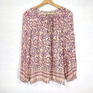 Lucky Brand Floral Print Long Sleeve Boho Blouse Peasant Tunic Blouse Size Small